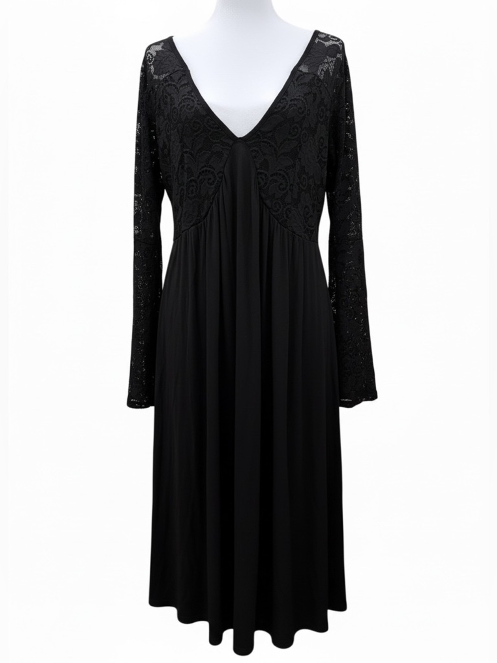 Black Lace Bell Sleeve Dress Whimsy Goth Fairy Grunge Stretch Size 12 Large